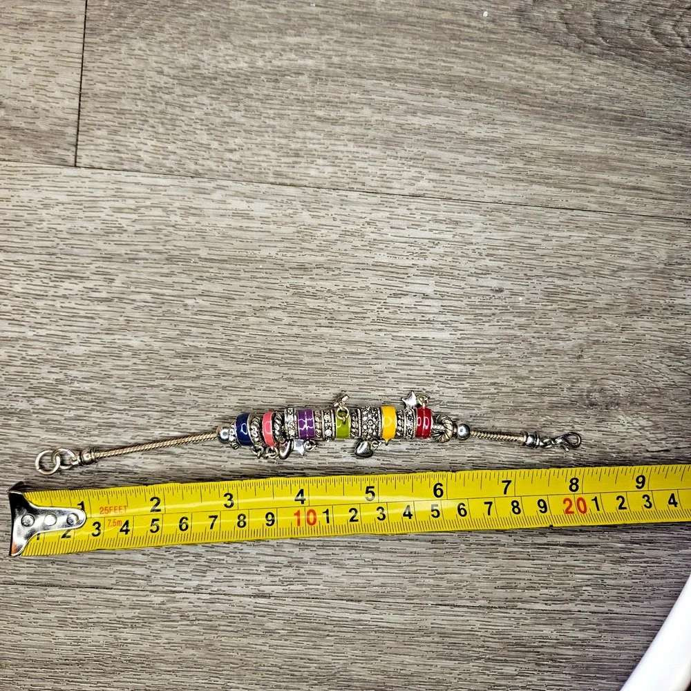 Colorful enamelCharm Bead Bracelet Silver Tone Heart Cross Star 8 Inch
